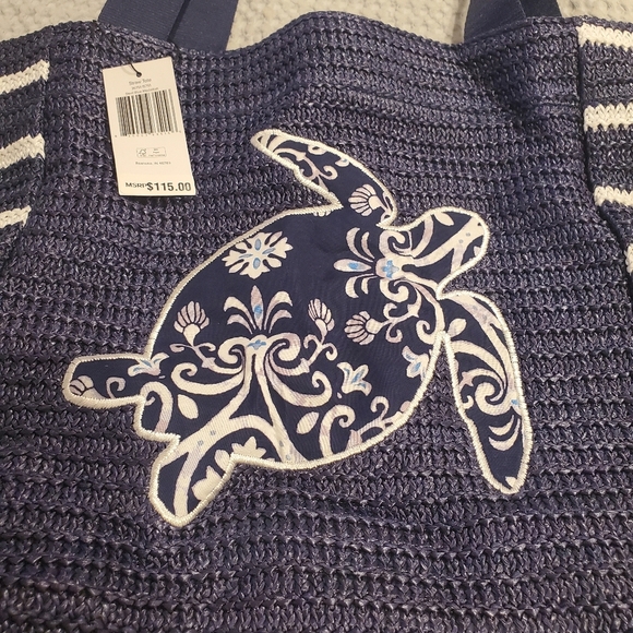 NEW! Vera Bradley Steel Blue Medallion Straw Beach Tote Bag (#13) - Picture 3 of 12